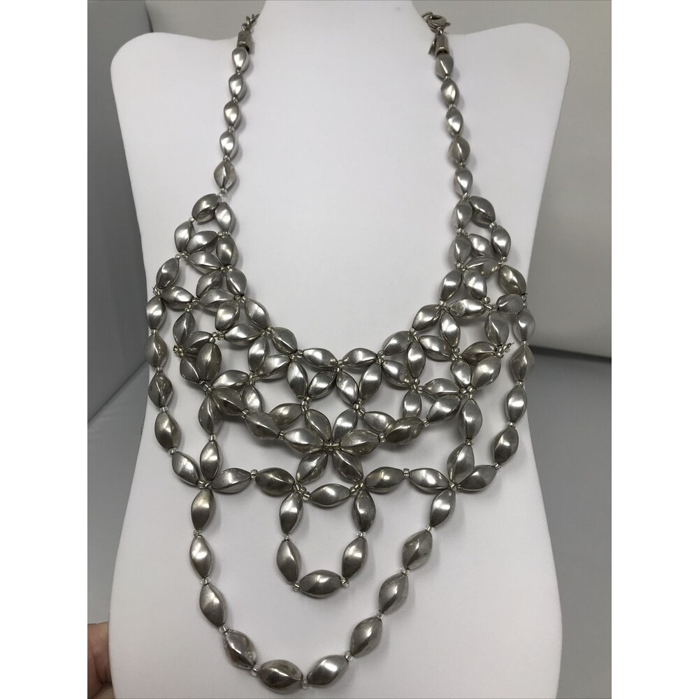 CHICO'S Necklace Silver Tone Bib Statement Beads Beaded Metallic